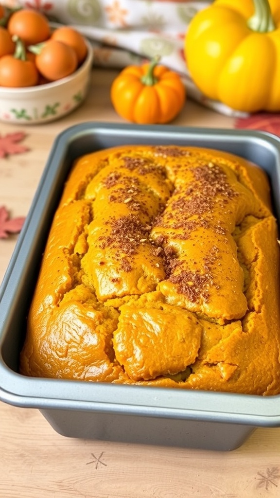 Moist Pumpkin Bread Recipe for 8x8 Pan Moist pumpkin bread in an 8x8 pan, sliced and garnished with cinnamon, surrounded by autumn decor.